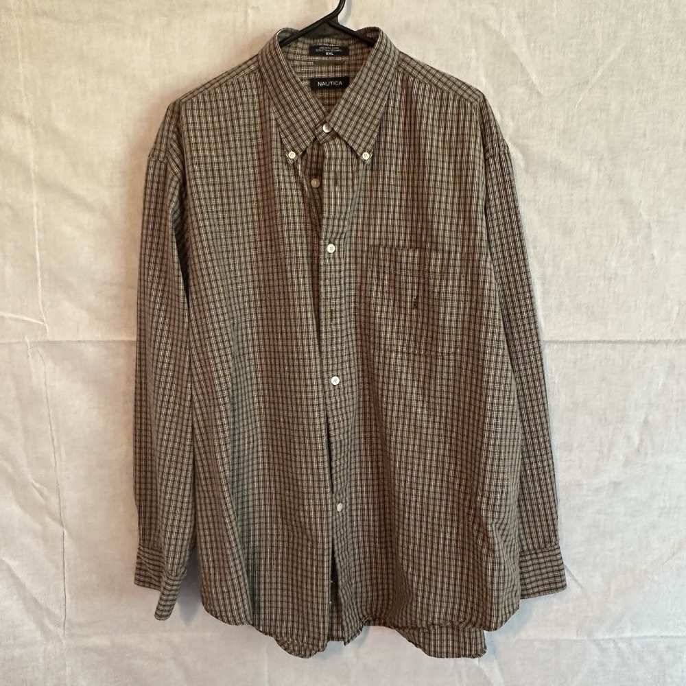 Nautica Mens XXL Brown Plaid Button Down Shirt Long Sleeve Cotton Modal Pocket